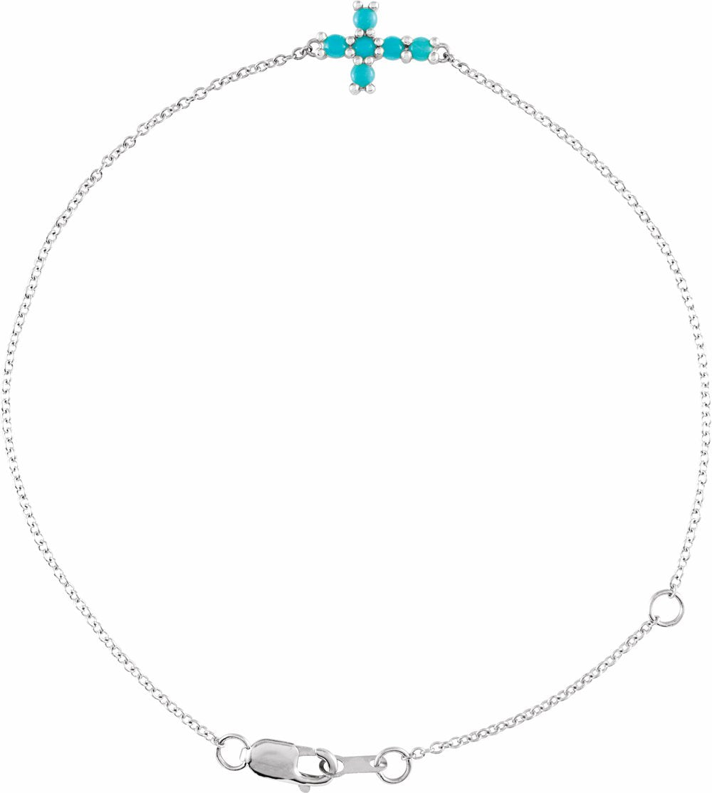 Sterling Silver Natural Turquoise Sideways Cross 6 1/2-7 1/2" Bracelet
