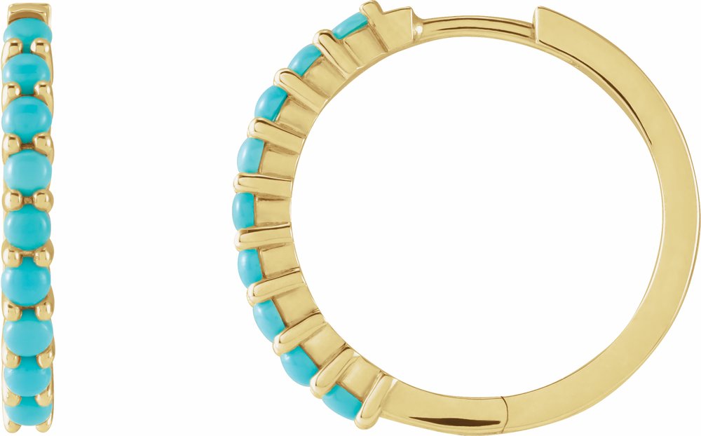 14K Yellow Gold Natural Turquoise Cabochon Hinged 20 mm Hoop Earrings