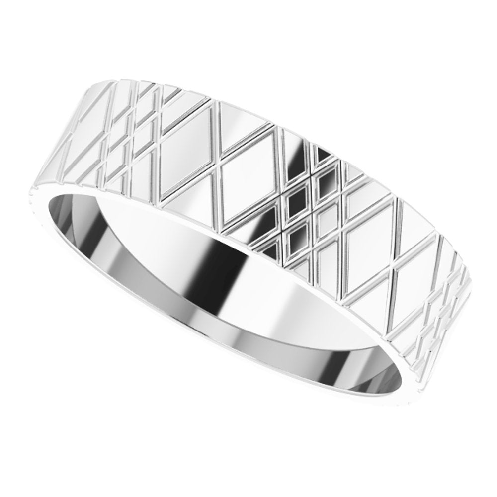 14K White Gold 6 mm Grooved Rhombus Pattern Flat Band Size 10.5