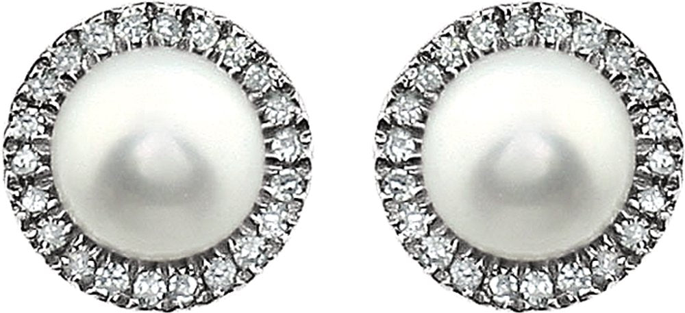 14K White Gold Cultured White Freshwater Pearl & 1/8 CTW Natural Diamond Earrings