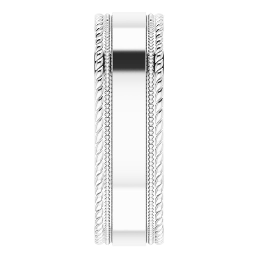 14K White Gold 7 mm Milgrain & Rope Stepped-Edge Comfort-Fit Flat Band Size 10