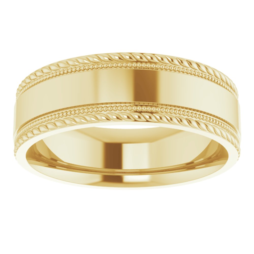 14K Yellow 7 mm Milgrain & Rope Stepped-Edge Comfort-Fit Flat Band