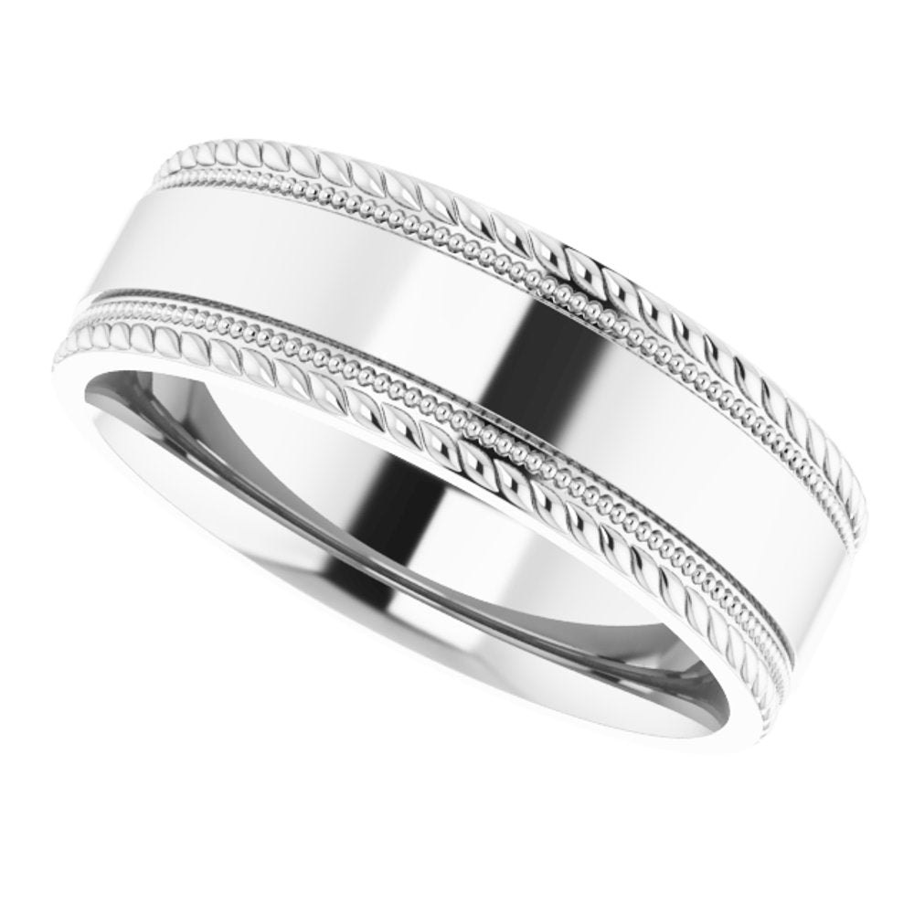 14K White Gold 7 mm Milgrain & Rope Stepped-Edge Comfort-Fit Flat Band Size 10