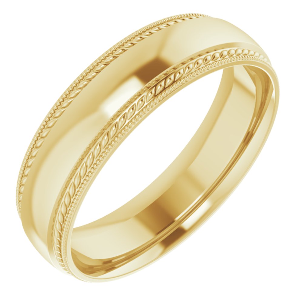 14K Yellow Gold 6 mm Rope & Milgrain Stepped-Edge Comfort-Fit Half Round Band Size 7