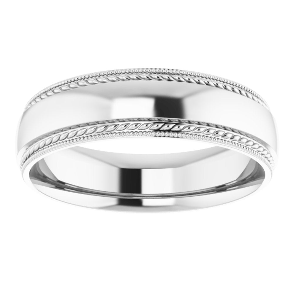 14K White 6 mm Rope & Milgrain Stepped-Edge Comfort-Fit Half Round Band Size 10