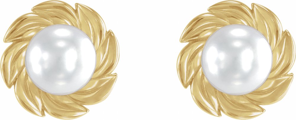 14K Yellow Gold Cultured White Akoya Pearl Leaf Earrings