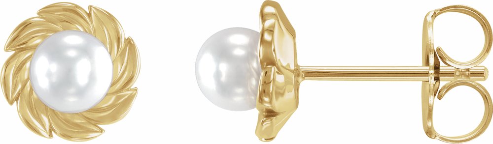 14K Yellow Gold Cultured White Akoya Pearl Leaf Earrings