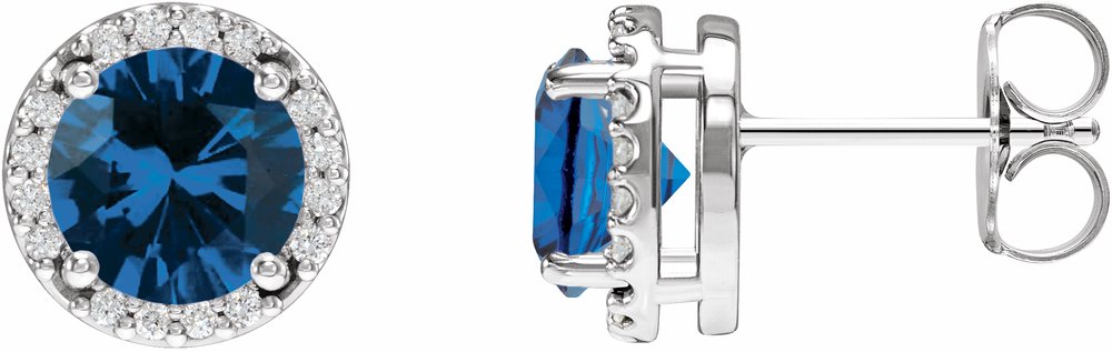 14K White Gold Lab-Grown Blue Sapphire & 1/10 CTW Natural Diamond Halo-Style Earrings