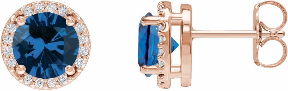 14K Rose Lab-Grown Blue Sapphire & .05 CTW Natural Diamond Halo-Style Earrings