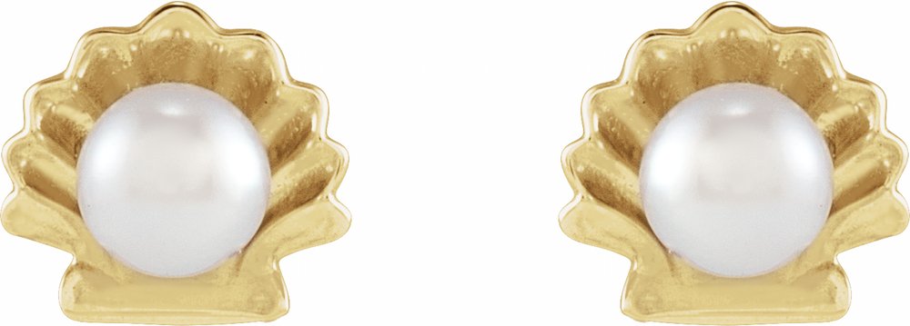 14K Yellow Gold Cultured White Seed Pearl Shell Earrings