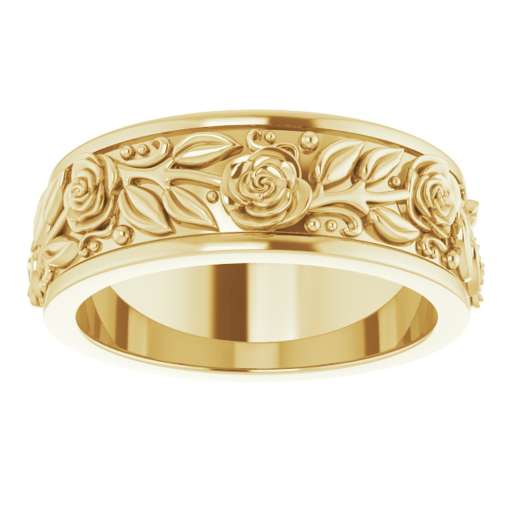 14K Yellow Gold 7 mm Floral Flat Band