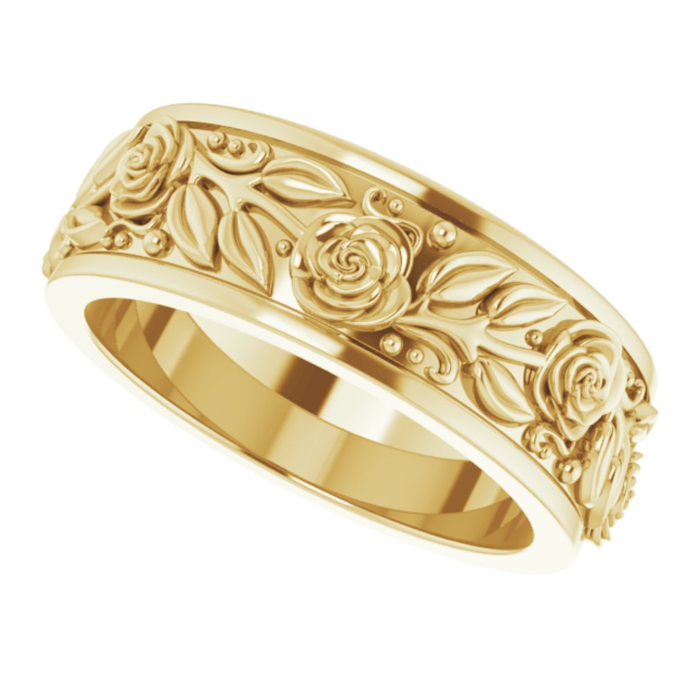 14K Yellow Gold 7 mm Floral Flat Band