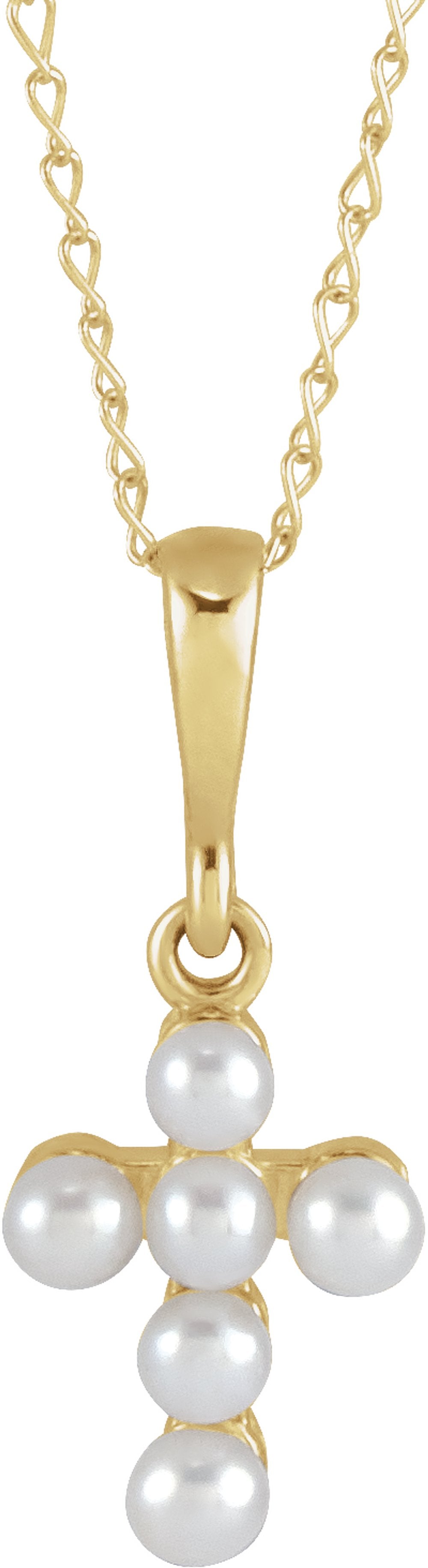 14K Yellow Gold Cultured White Seed Pearl Youth Cross 16" Necklace