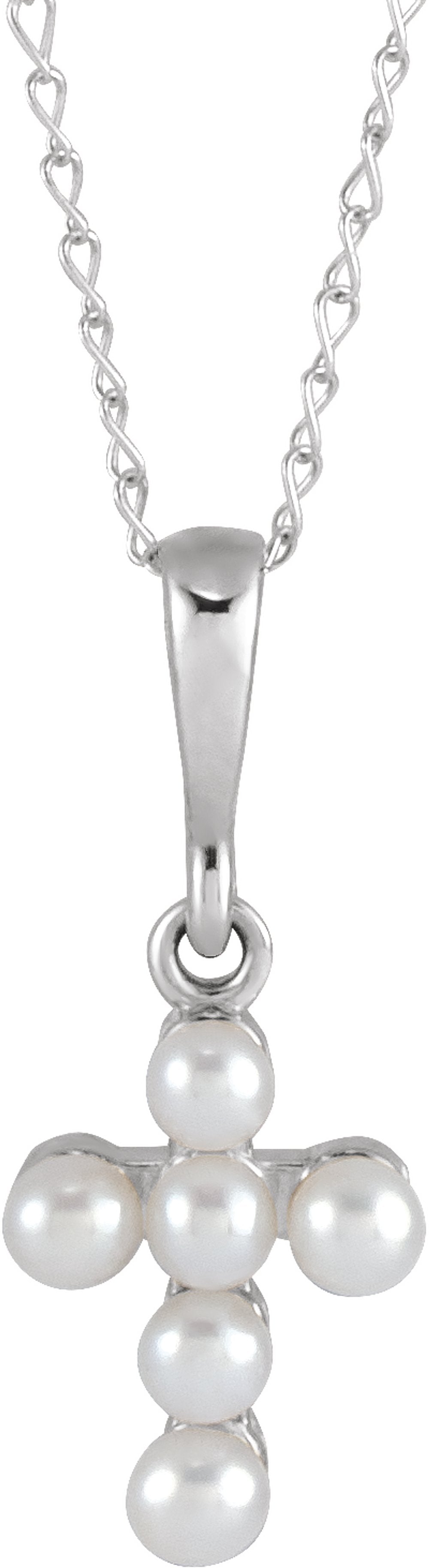 14K White Gold Cultured White Seed Pearl Youth Cross 16" Necklace