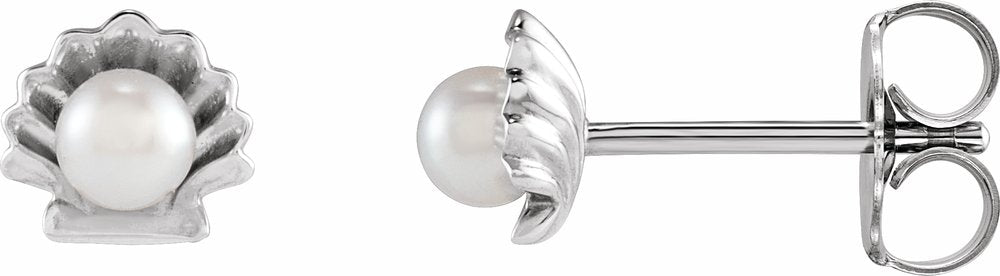 Sterling Silver Cultured White Seed Pearl Shell Earrings