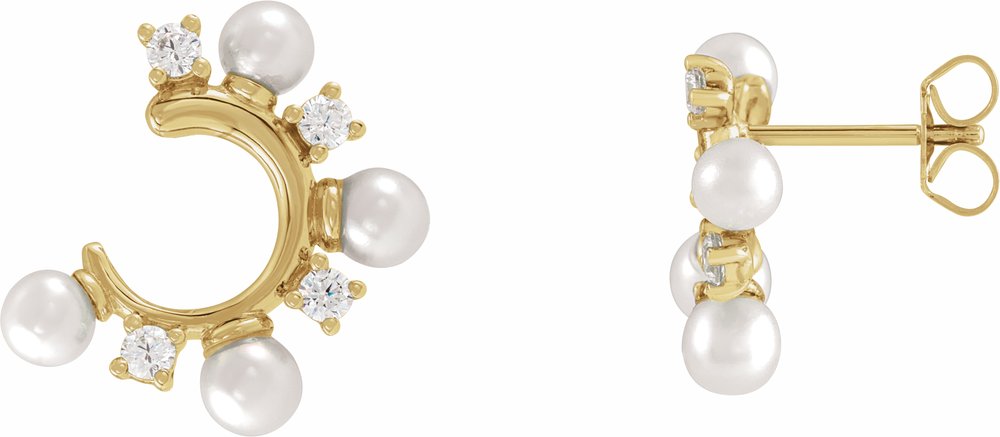 14K Yellow Cultured White Freshwater Pearl & 1/3 CTW Natural Diamond Hoop Earrings