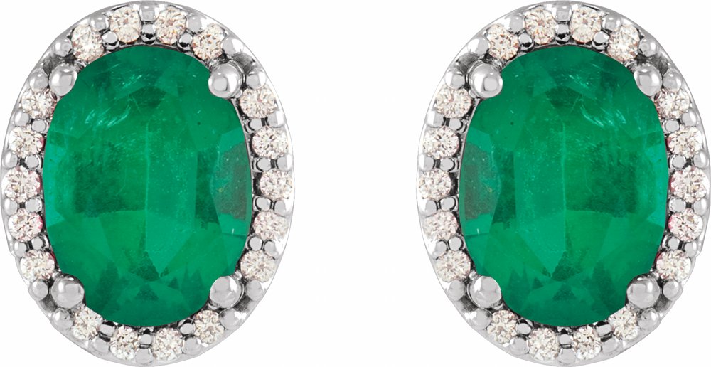 14K White 6x4 mm Lab-Grown Emerald & .06 CTW Natural Diamond Halo-Style Earrings