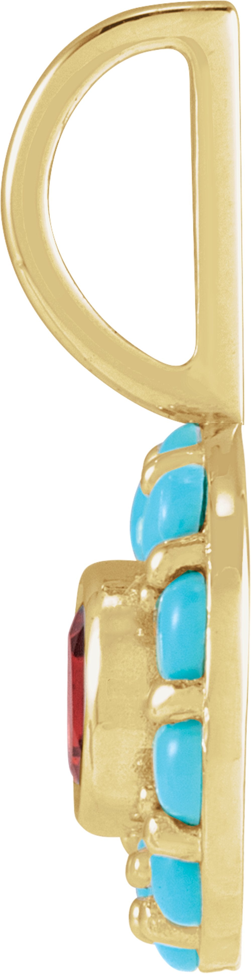 14K Yellow Gold Natural Mozambique Garnet & Natural Turquoise Halo-Style Charm/Pendant