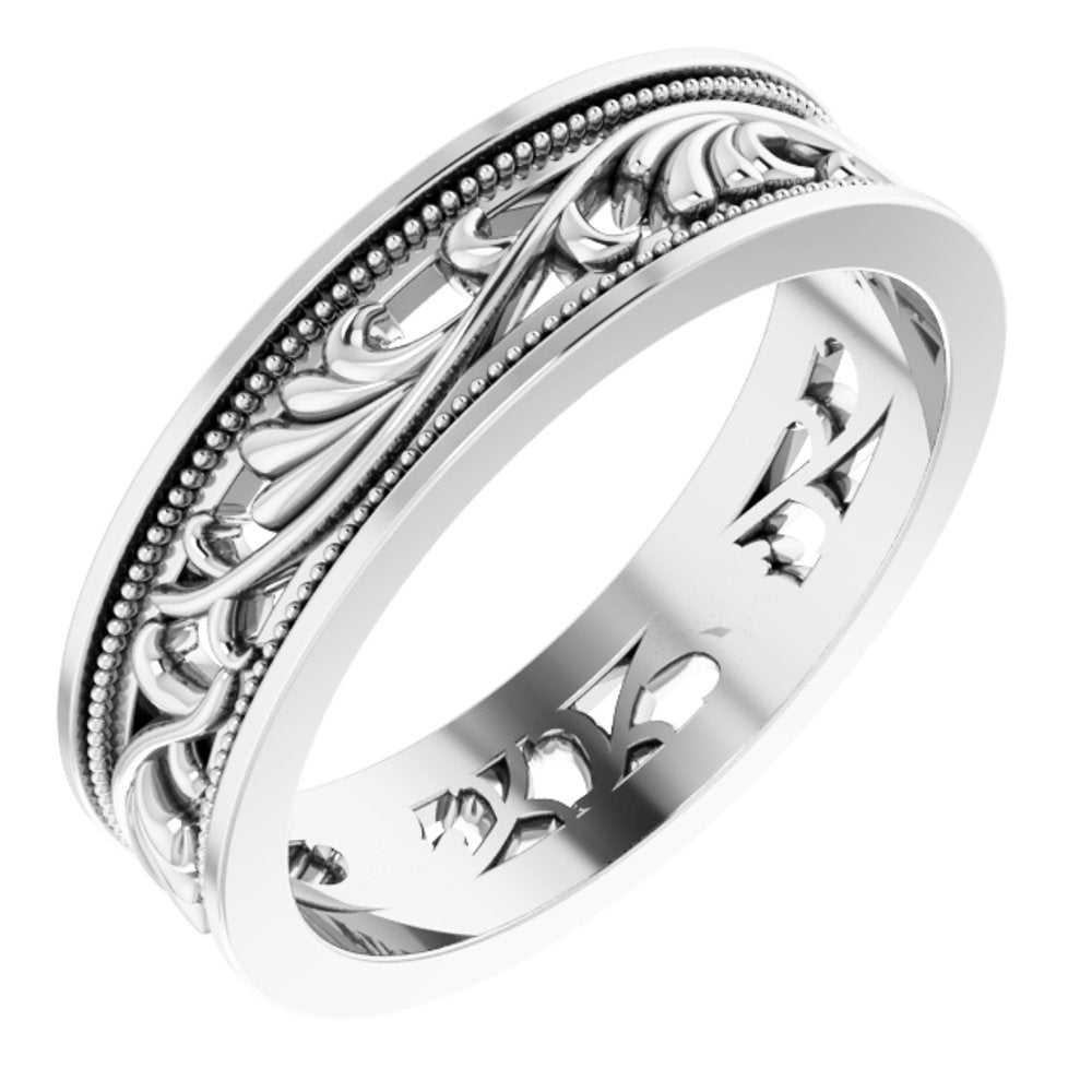 10K White Gold 6.4 mm Milgrain Sculptural Flat Band Size 11.5