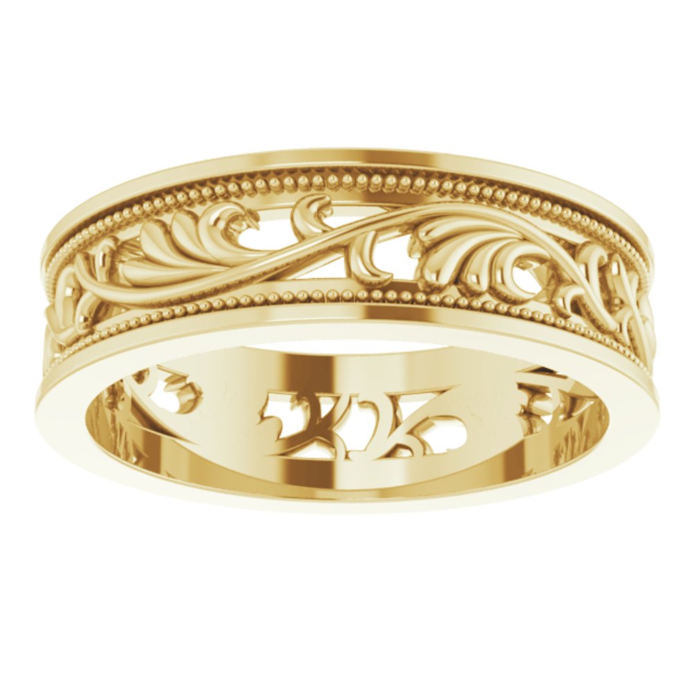 14K Yellow Gold 6.4 mm Milgrain Sculptural Flat Band Size 9