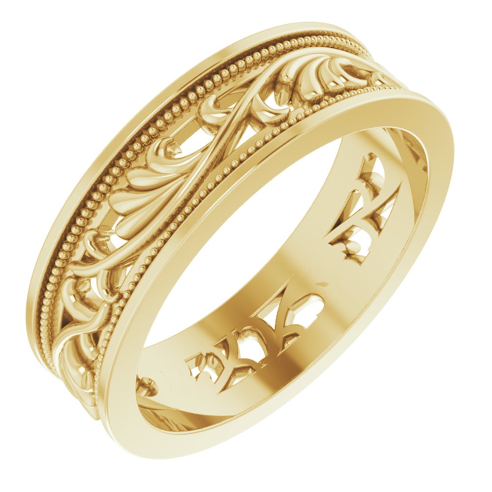 14K Yellow Gold 6.4 mm Milgrain Sculptural Flat Band Size 9