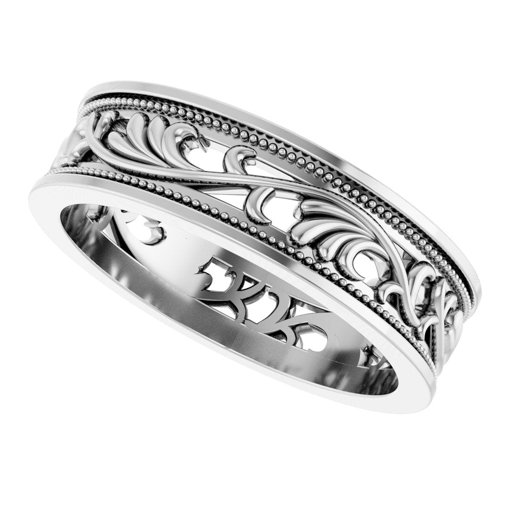 14K White Gold 6.4 mm Milgrain Sculptural Flat Band Size 10