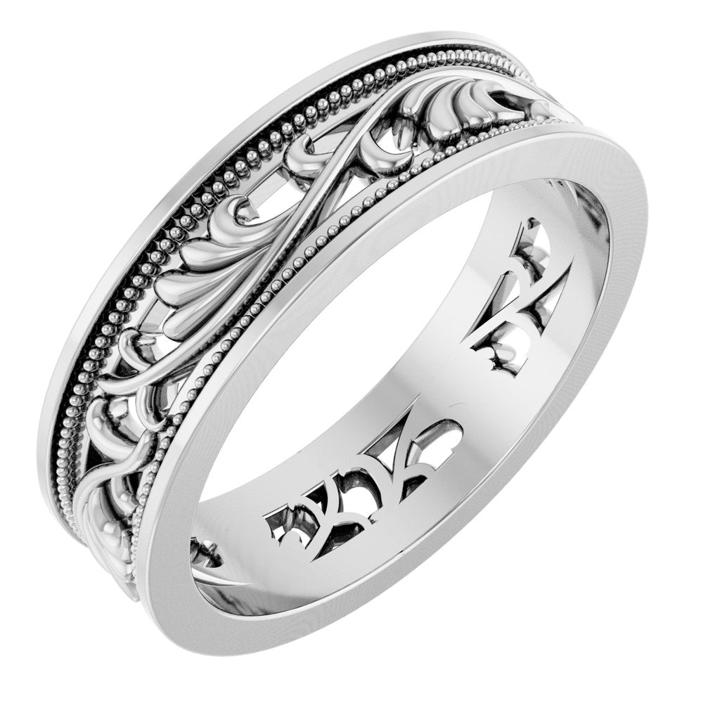 14K White Gold 6.4 mm Milgrain Sculptural Flat Band Size 10