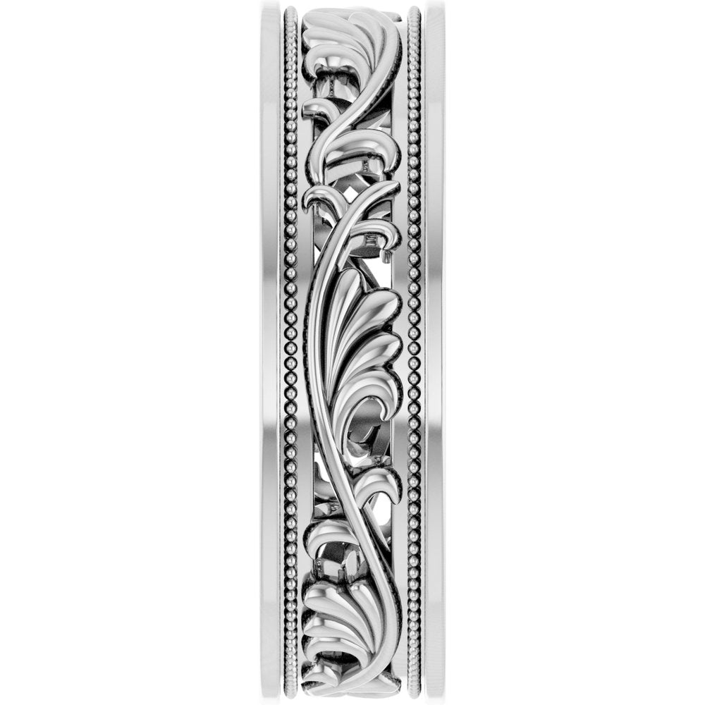 14K White Gold 6.4 mm Milgrain Sculptural Flat Band Size 10