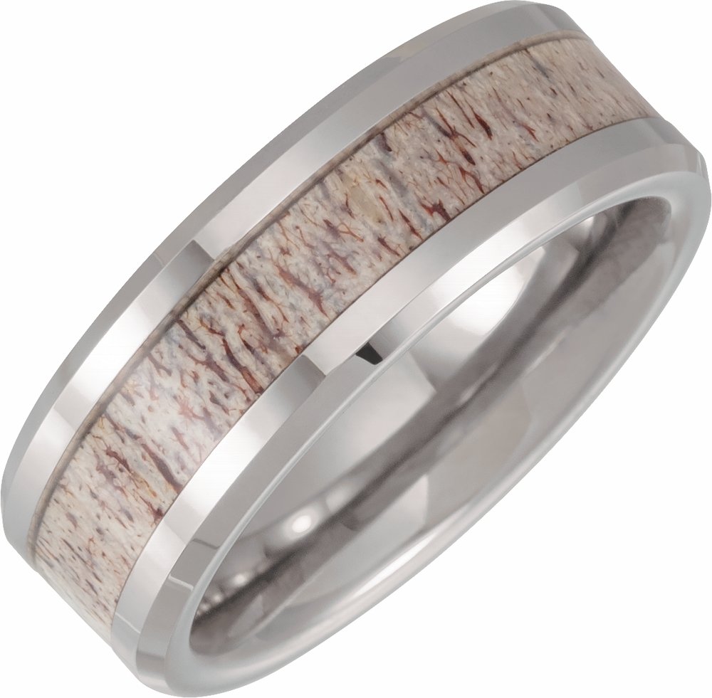 Tungsten 8 mm Beveled-Edge Velvet Antler Wood Inlay Comfort-Fit Flat Band Size 7