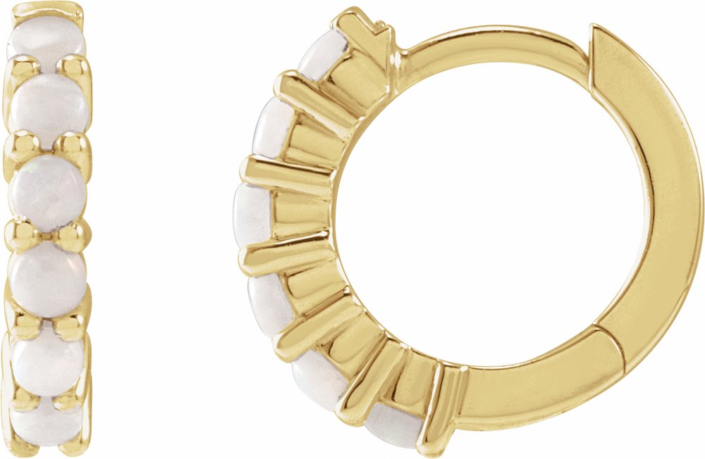 14K Yellow Gold Natural White Opal Cabochon Hinged 12.2 mm Hoop Earrings