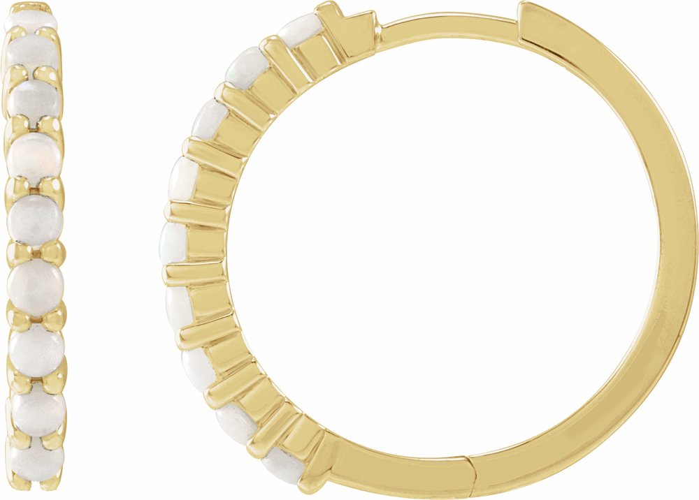 14K Yellow Gold Natural White Opal Cabochon Hinged 20 mm Hoop Earrings
