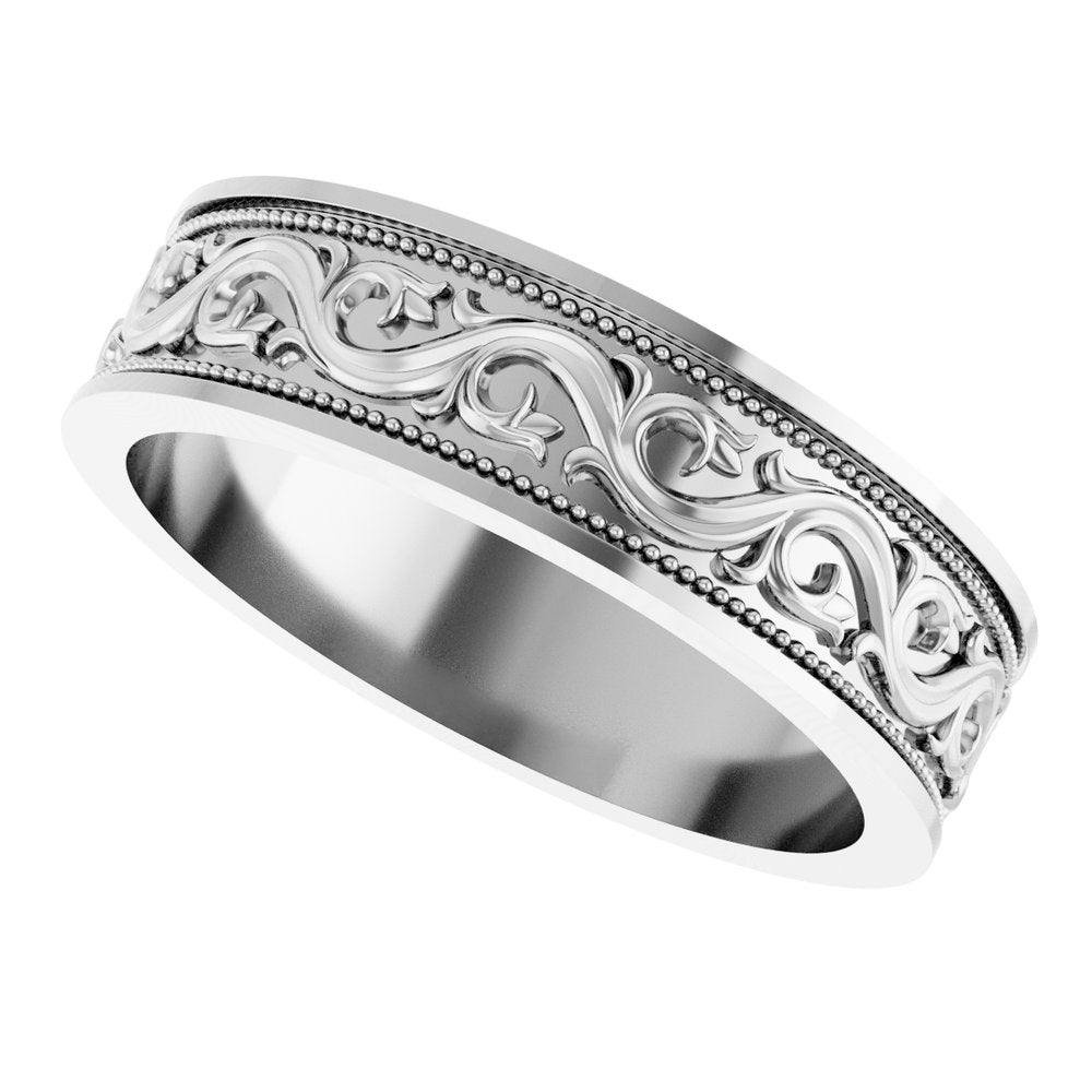 10K White Gold 6 mm Milgrain Sculptural Flat Band Size 10