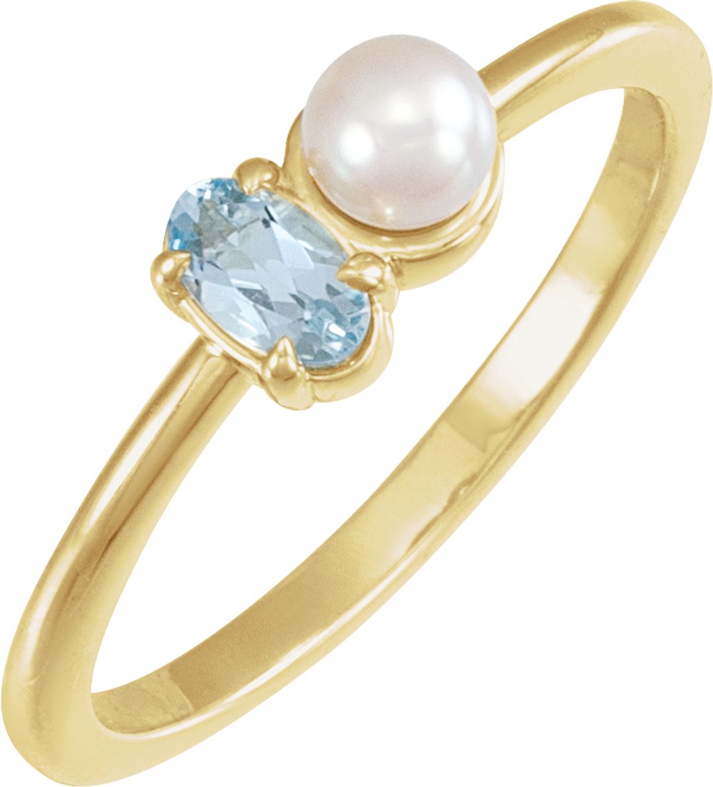 14K Yellow Gold Natural Aquamarine & Cultured White Akoya Pearl Ring