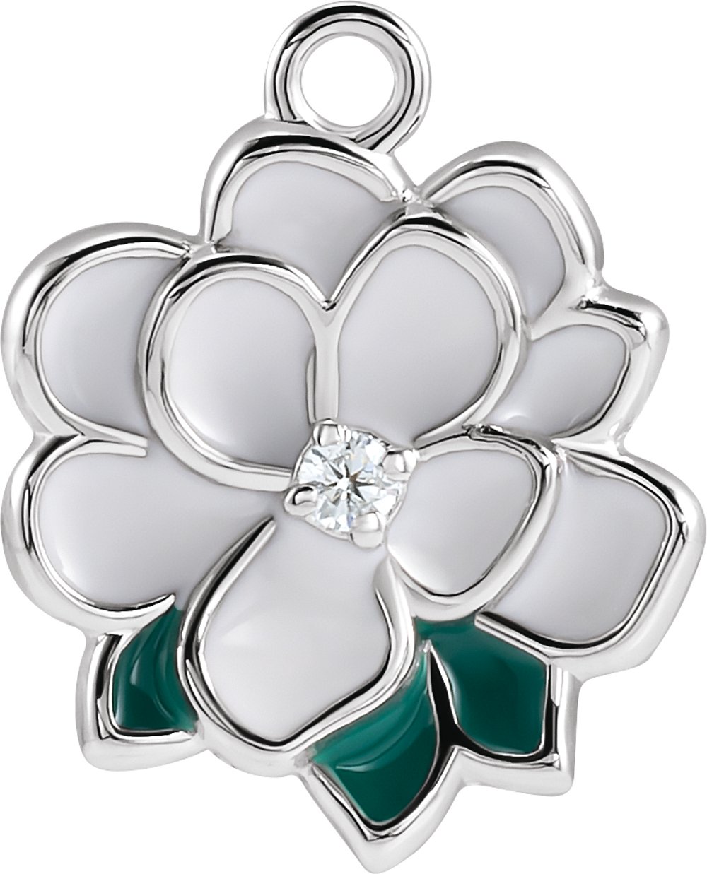 14K White Petite Pavé™ .025 CT Natural Diamond White & Green Enamel Magnolia Dangle