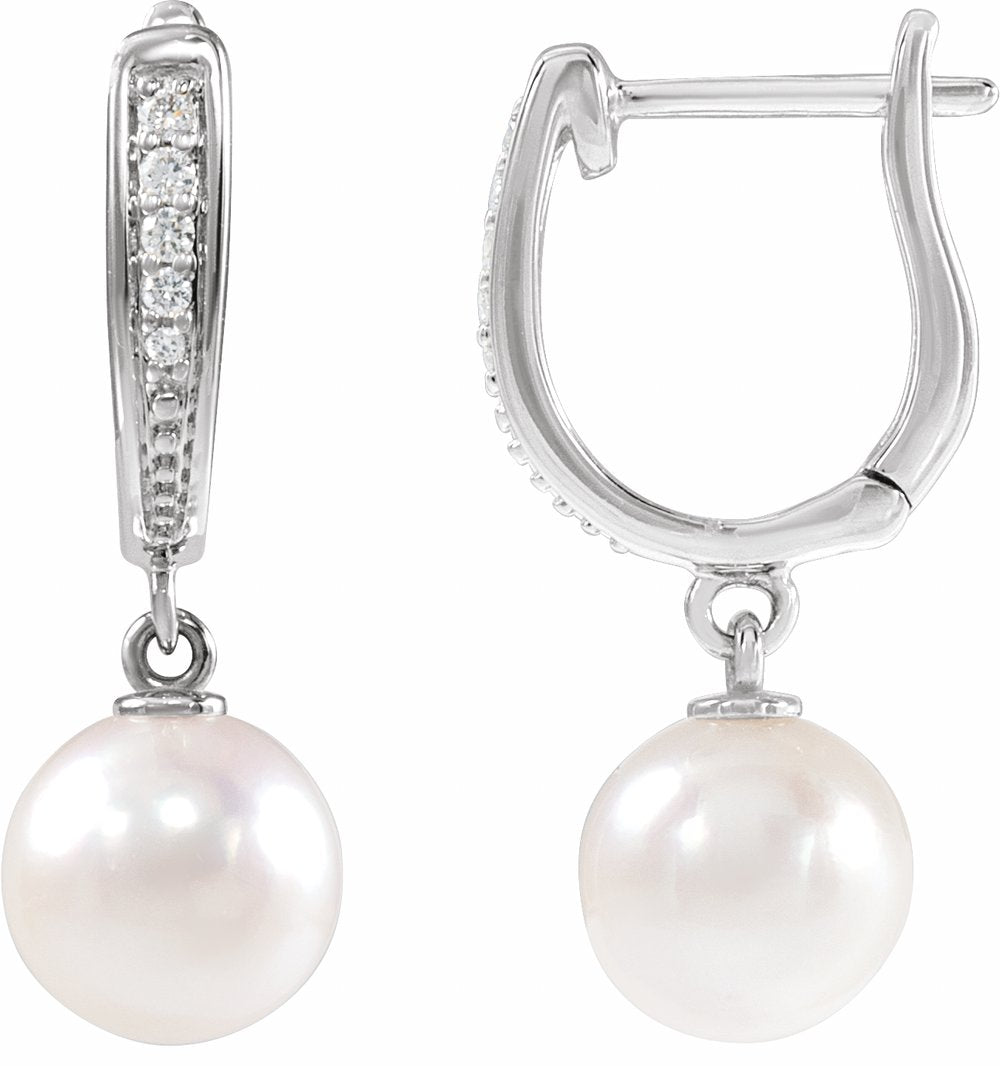 14K White Gold Cultured White Akoya Pearl & .03 CTW Natural Diamond Earrings