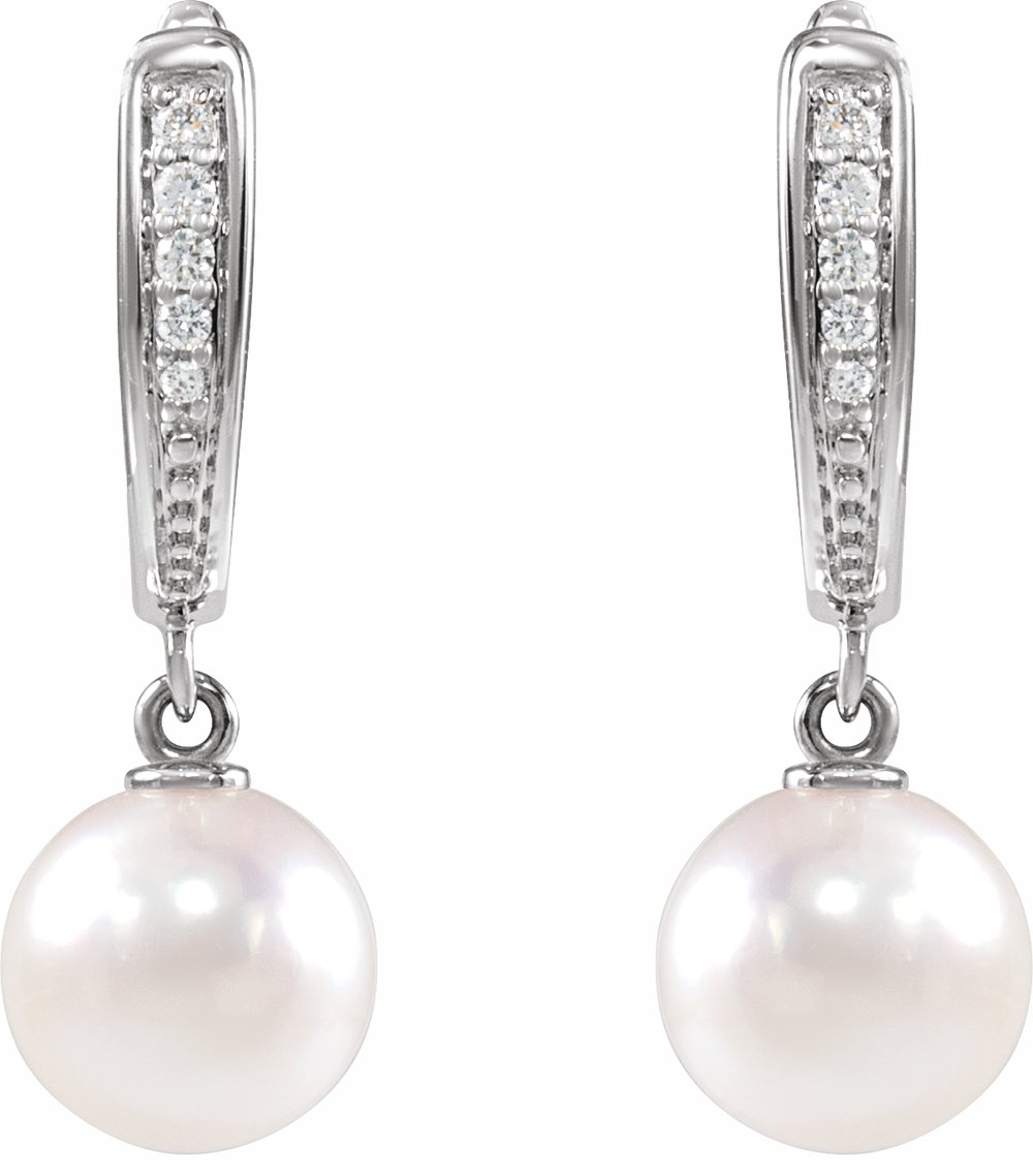 14K White Gold Cultured White Akoya Pearl & .03 CTW Natural Diamond Earrings