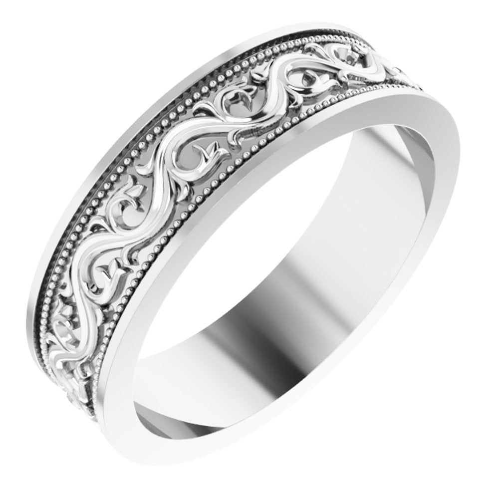 14K White Gold 6 mm Milgrain Sculptural Flat Band Size 9.5