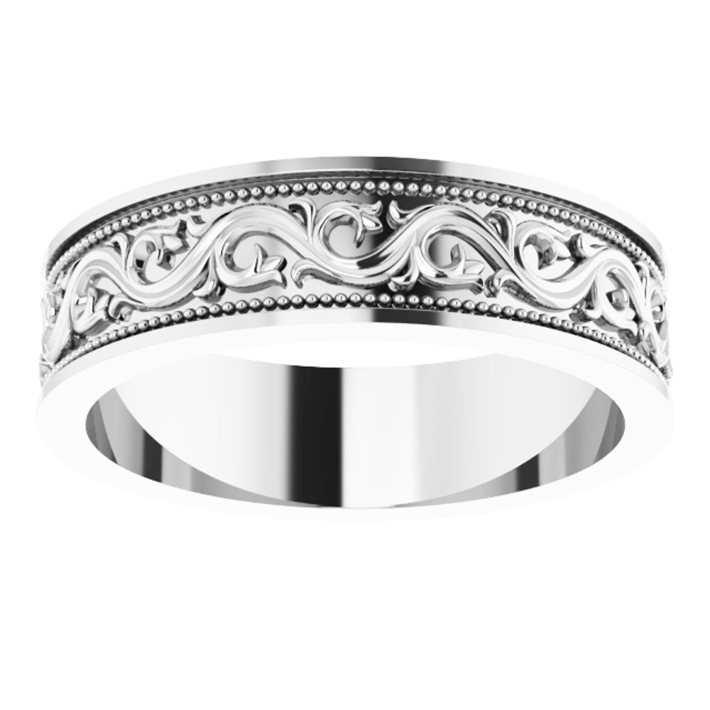 14K White Gold 6 mm Milgrain Sculptural Flat Band Size 9.5