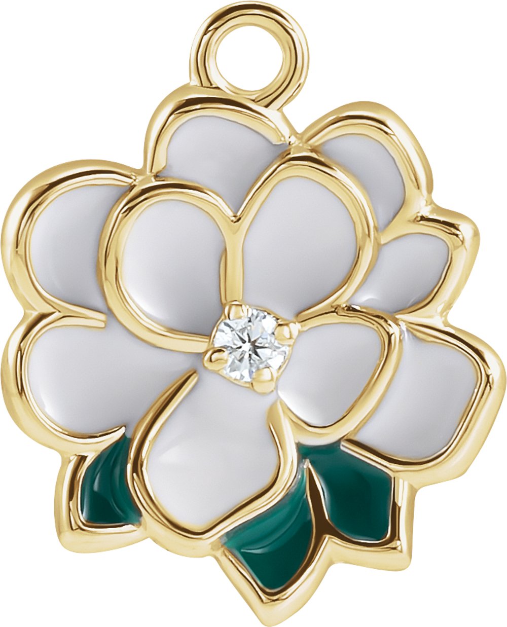 14K Yellow Petite Pavé™ .025 CT Natural Diamond White & Green Enamel Magnolia Dangle