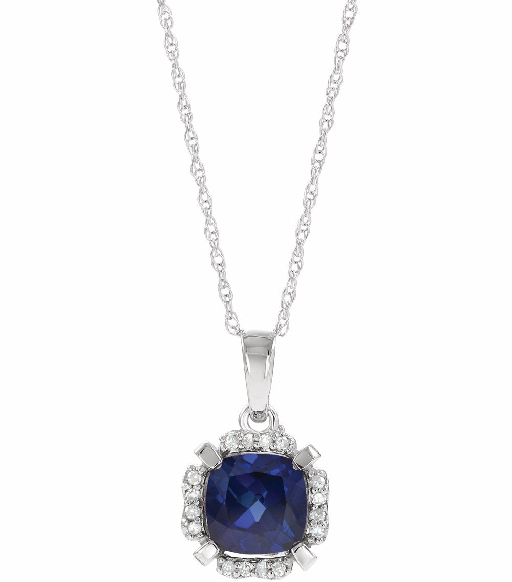 14K White Gold Lab-Grown Blue Sapphire & .04 CTW Natural Diamond 18" Necklace