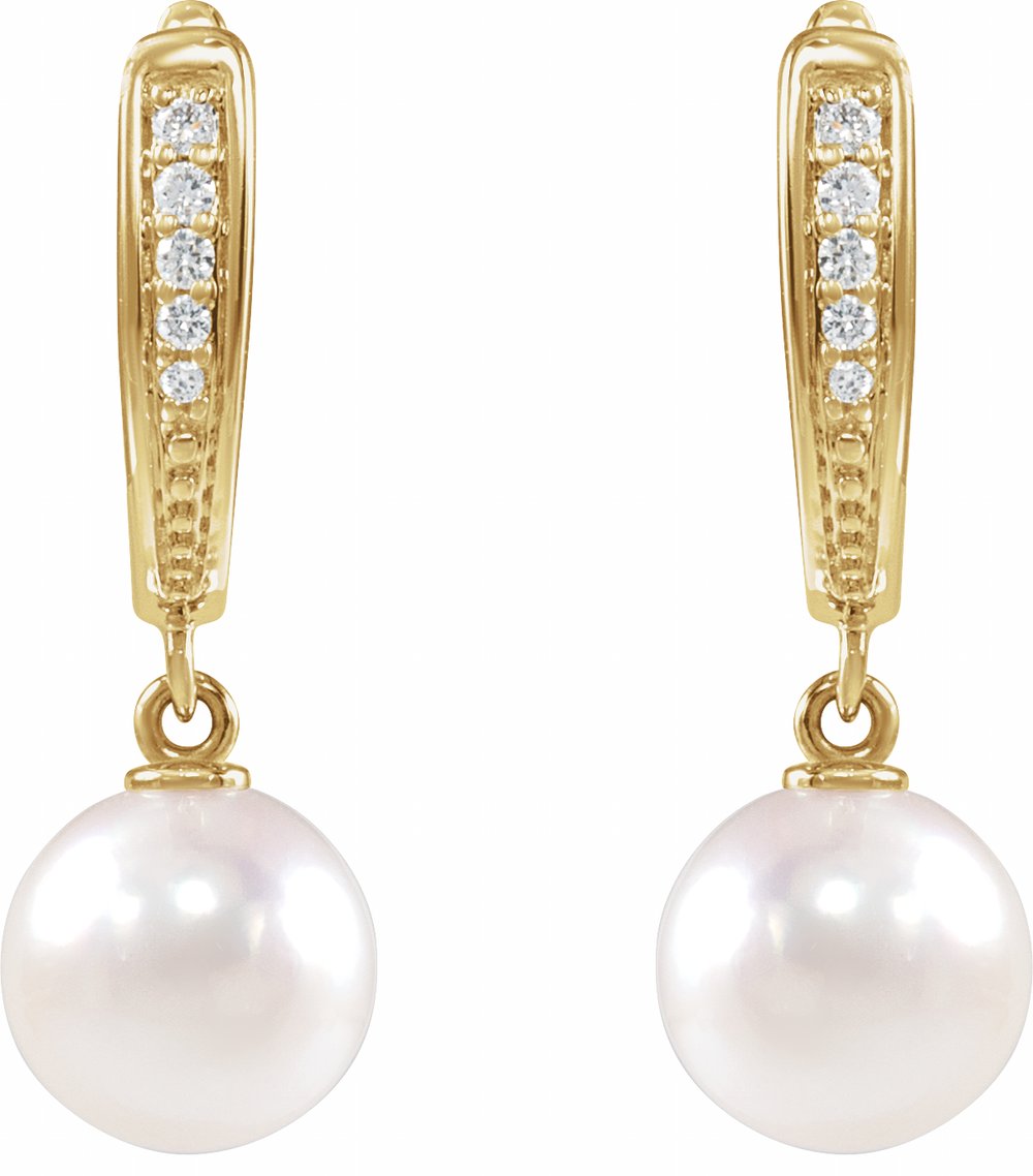 14K Yellow Gold Cultured White Akoya Pearl & .03 CTW Natural Diamond Earrings