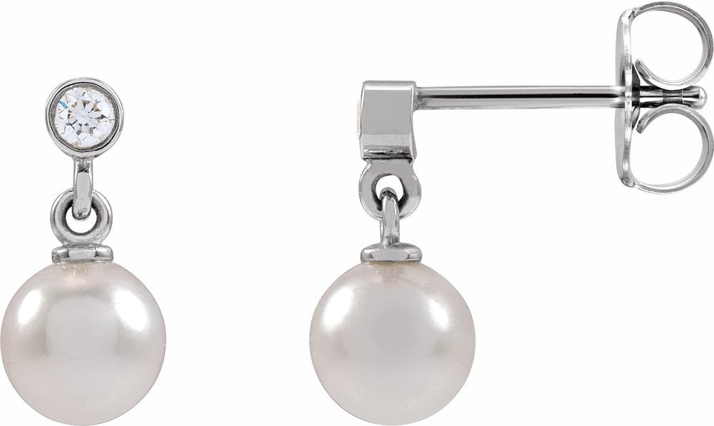14K White Gold Cultured White Akoya Pearl & .06 CTW Natural Diamond Earrings