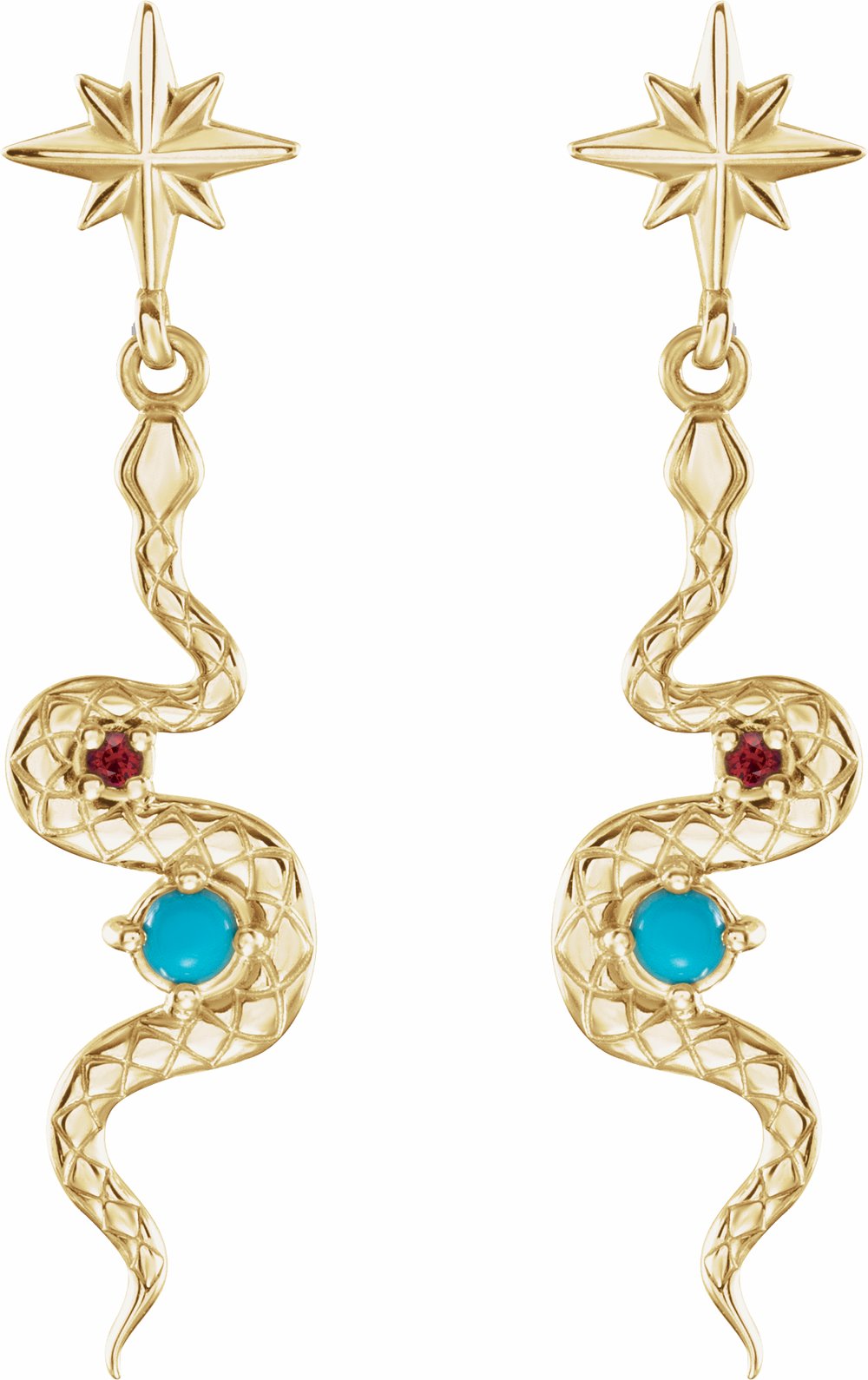 14K Yellow Natural Turquoise & Natural Ruby Snake Earrings