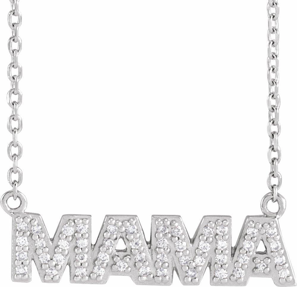 14K White Gold 1/10 Natural Diamond "Mama" 18" Necklace