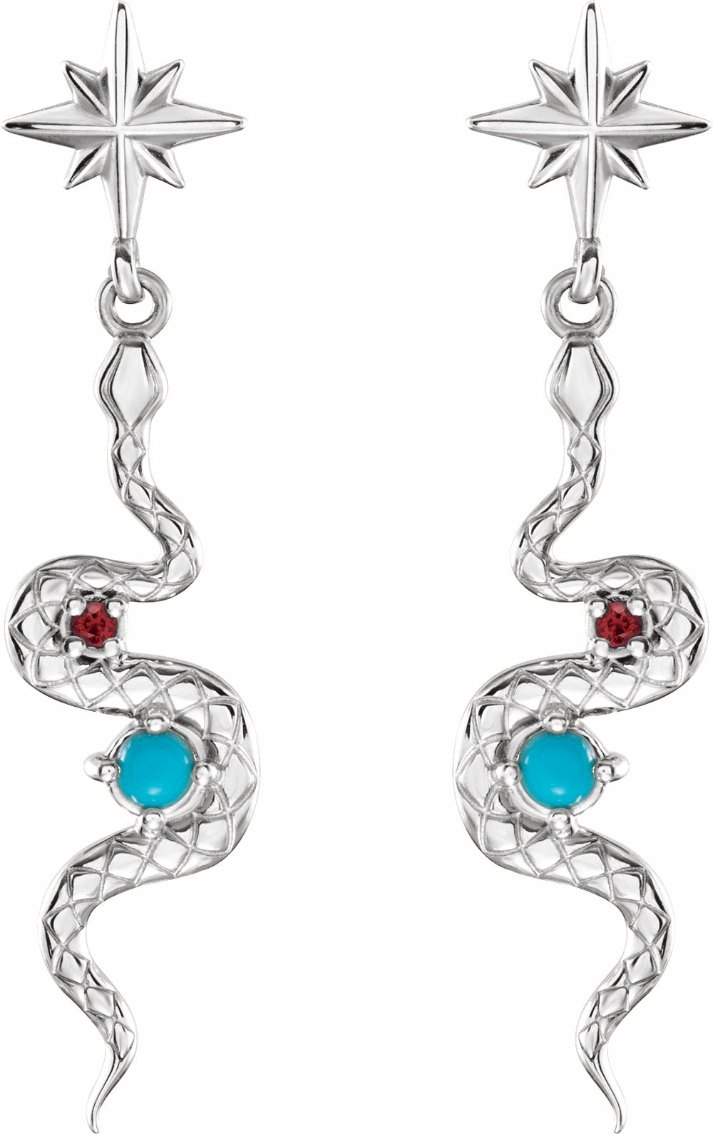 Sterling Silver Natural Turquoise & Natural Ruby Snake Earrings