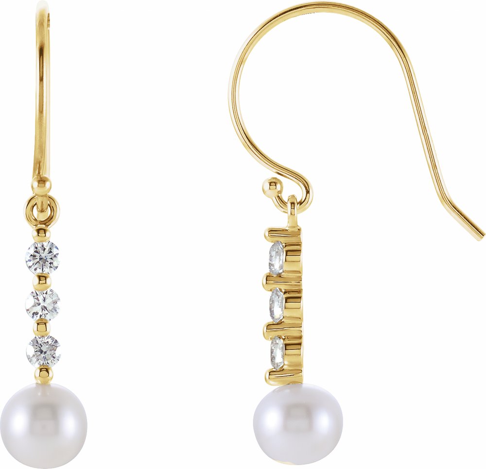 14K Yellow Gold Cultured White Freshwater Pearl & 1/4 CTW Natural Diamond Earrings