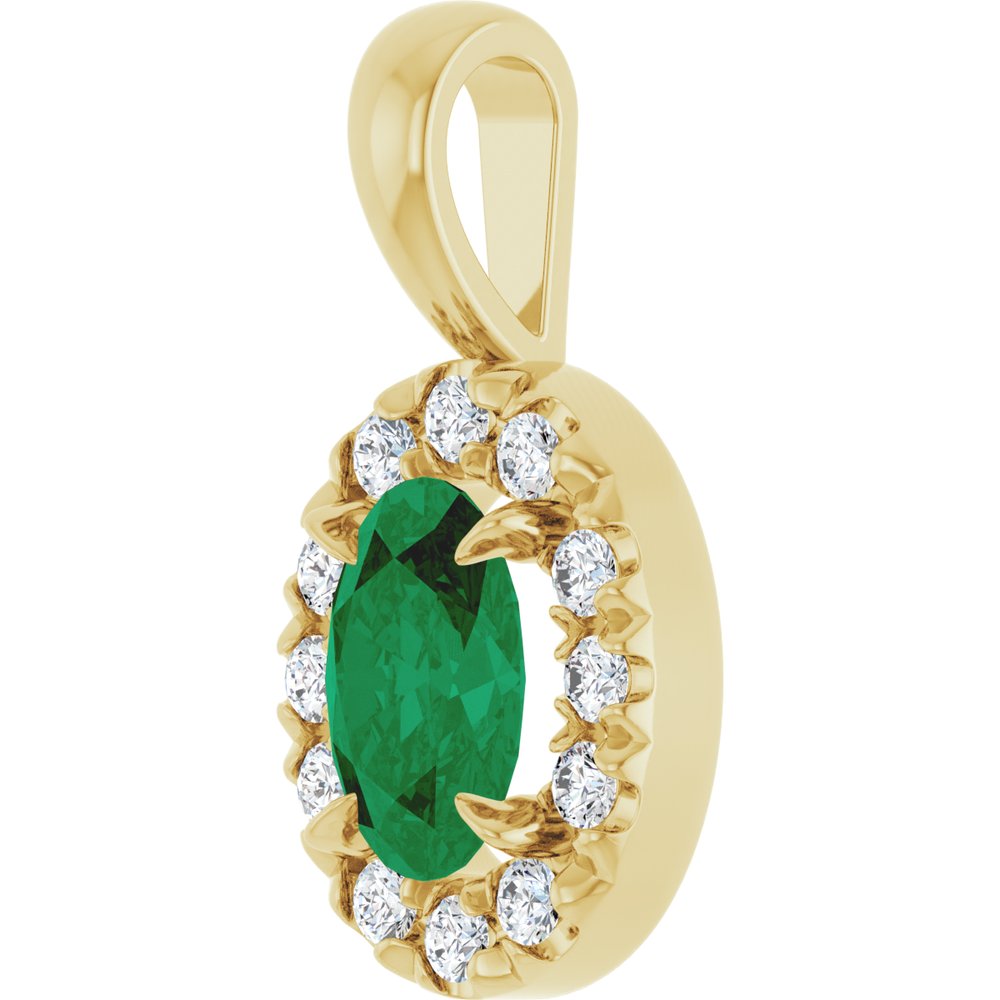 14K Yellow 6x4 mm Natural Emerald & 1/10 CTW Natural Diamond Halo-Style Pendant