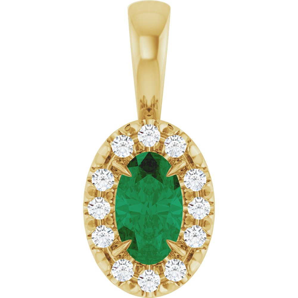 14K Yellow Gold 5x3 mm Lab-Grown Emerald & .05 CTW Natural Diamond Halo-Style Pendant