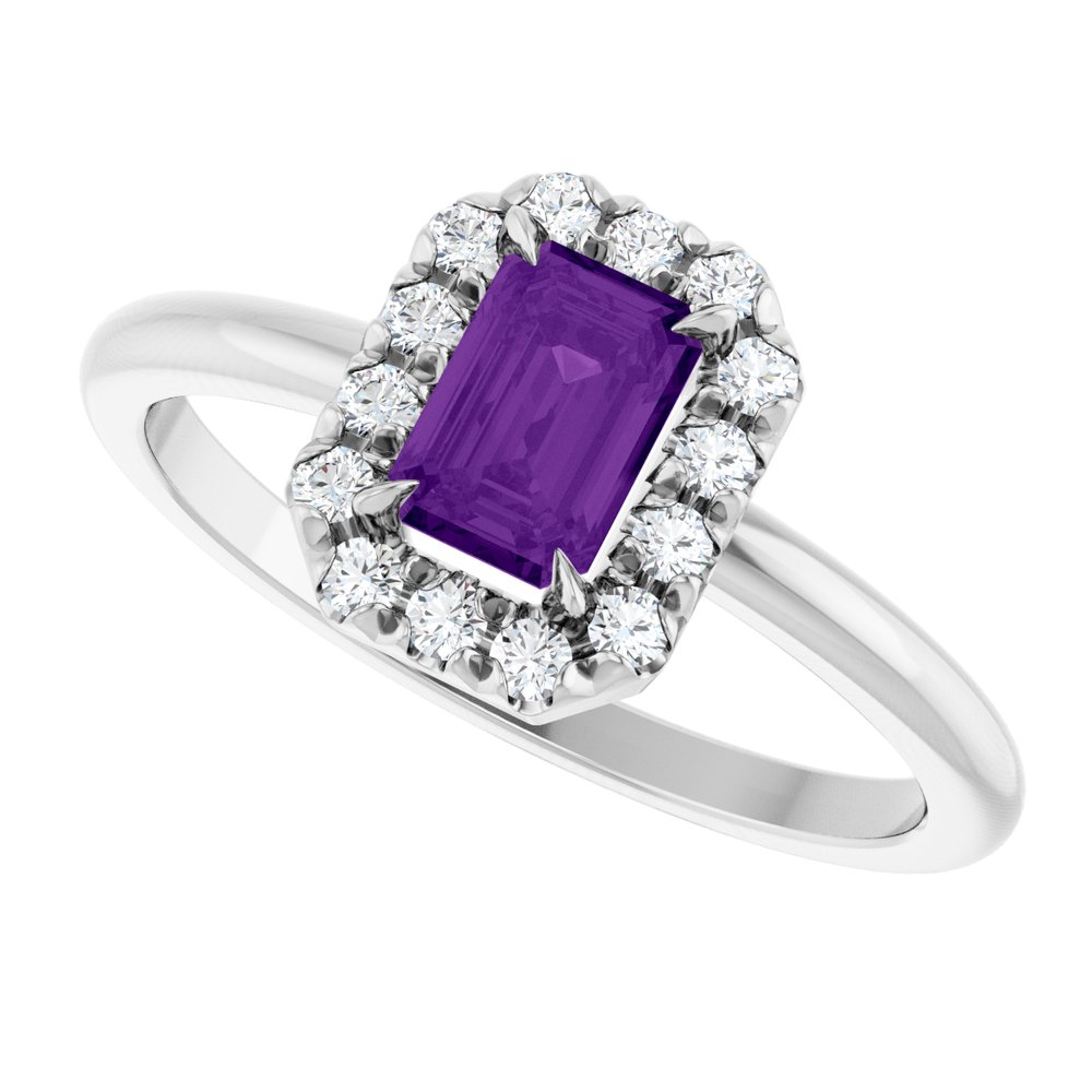 14K White Natural Amethyst & 1/5 CTW Natural Diamond French-Set Halo-Style Ring