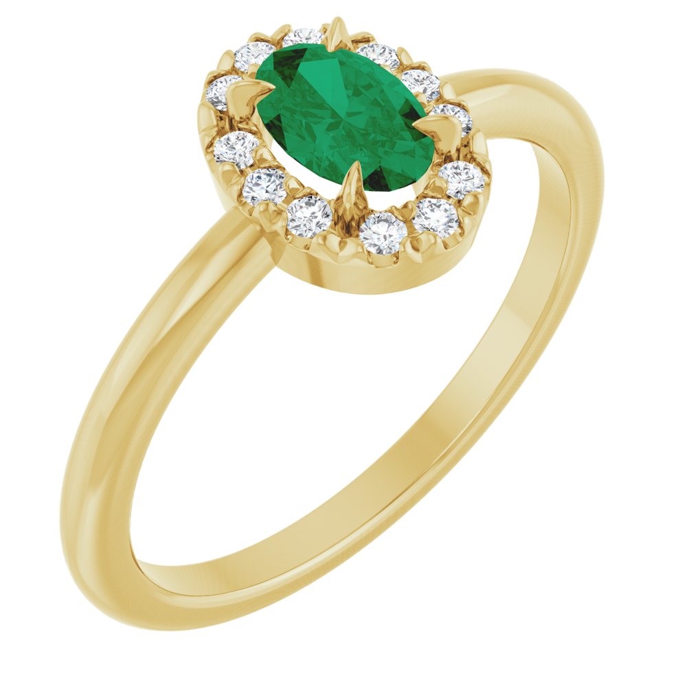 14K Yellow Lab-Grown Emerald & 1/10 CTW Natural Diamond French-Set Halo-Style Ring